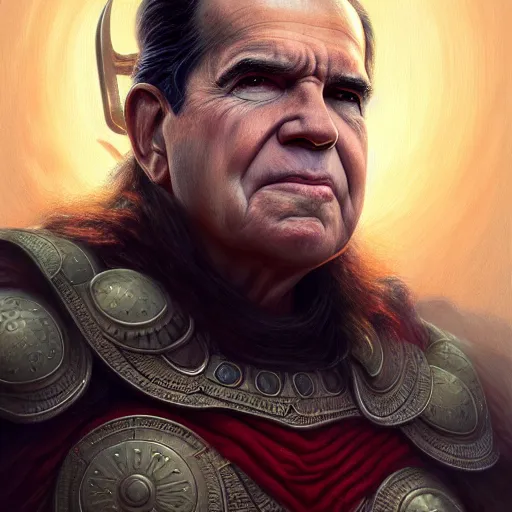 Image similar to glorious full head portrait of Richard Nixon as Thor, fantasy, intricate, elegant, digital painting, trending on artstation, concept art, sharp focus, illustration by Greg Rutkowski, by Gaston Bussiere, Artgerm, 4k.