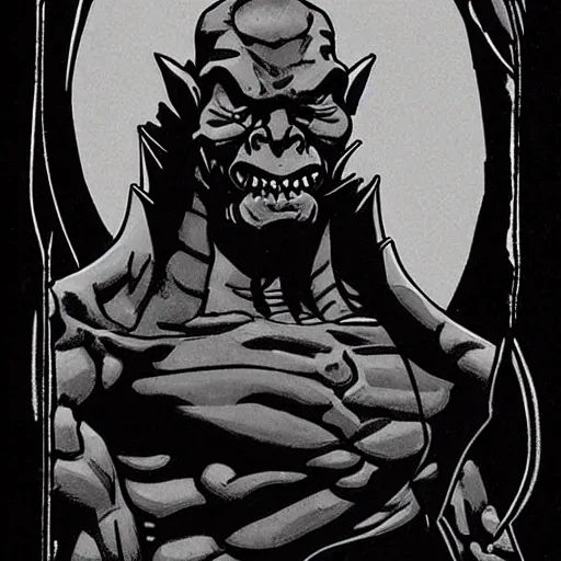 Prompt: skinny moria orc, portrait, by mike mignola, greyscale,