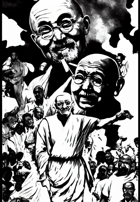 Prompt: Ghandi doing a ted talk in the style of Artgerm Ross Draws and Mike Mignola, hard shadows, strong rim light, comic cover art