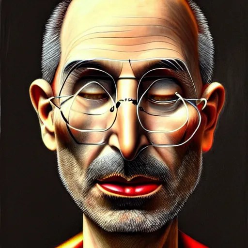 Image similar to apples arranged in the shape of a face resembling steve jobs, fantasy, intricate, elegant, highly detailed, lifelike, photorealistic, digital painting, artstation, illustration, smooth, sharp focus, art by giuseppe arcimboldo