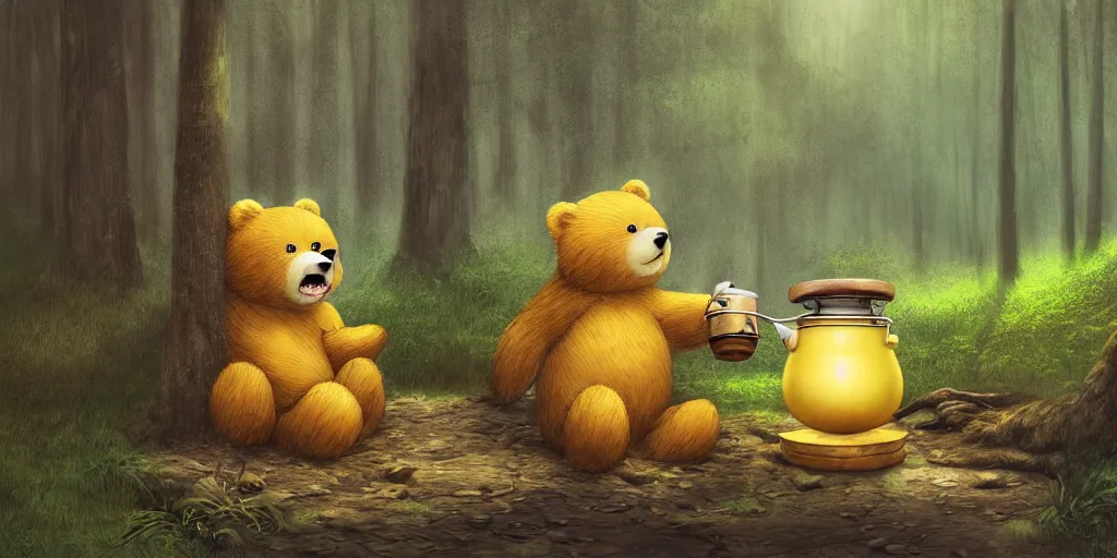 Prompt: yellow bear drinking from a honeypot in the woods, natural lighting, dark and soft color scheme, intricate details, matte painting, children illustration, by hayao miyazaki