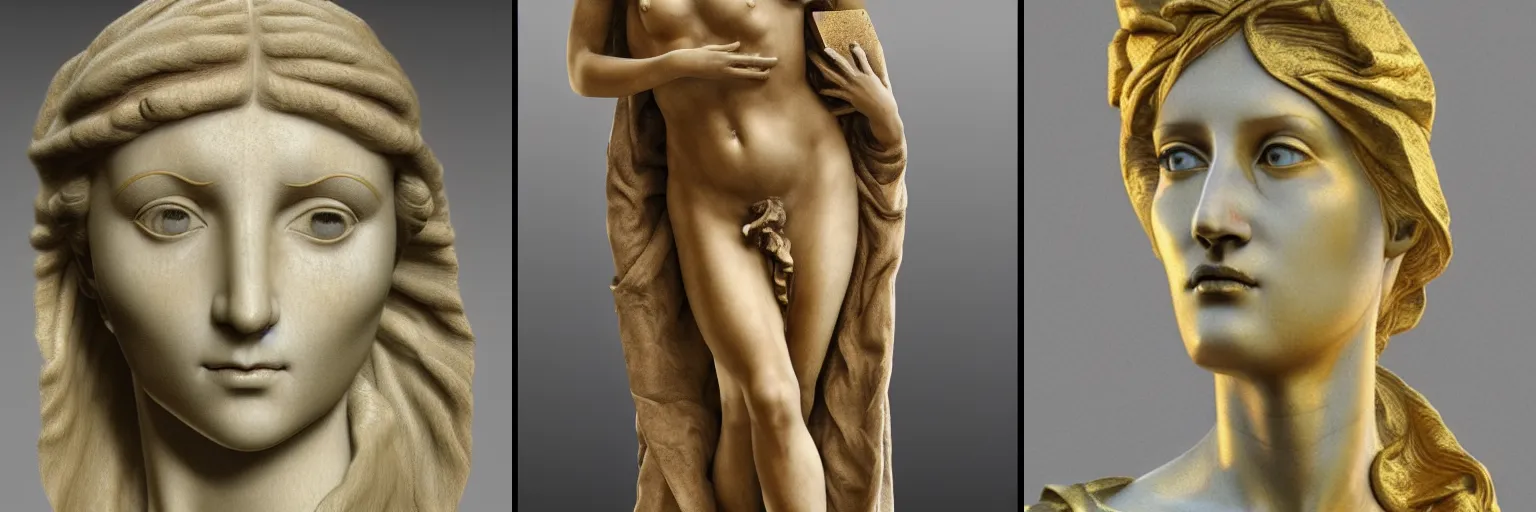 Prompt: woman statue, marble and gold, golden ratio, classic, roman, hyper detailed, realistic 3D, 8k, Jago, Bernini, Michelangelo