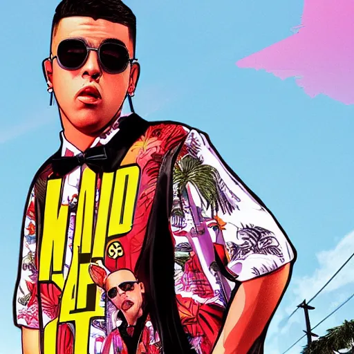 Prompt: music artist bad bunny in gta v cover art by steven bliss, cover art, box art, loading screen