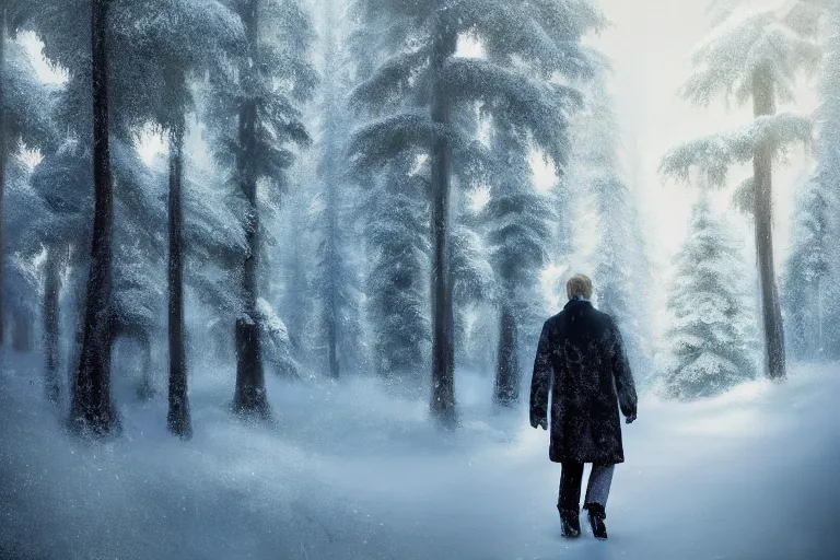 Prompt: portrait of Christopher Walken walking in a snowy pine forest, elegant, trending on artstation, highly detailed, digital painting, volumetric light, concept art, middle focus, illustration, lighting by Marc Adamus