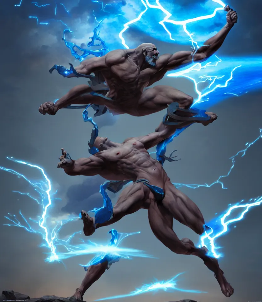 Image similar to zeus god throwing bolts of blue lightning, ultra realistic, dramatic lighting, combative pose, highly detailed by peter mohrbacher, hajime sorayama, wayne barlowe, boris vallejo, aaron horkey, gaston bussiere, craig mullins, octane render, cycles render, vray, iridescent