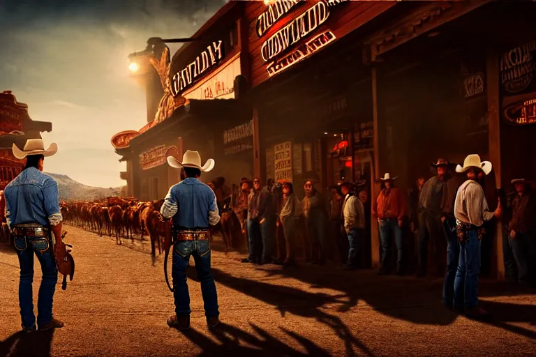 Prompt: an extremely detailed masterpiece photograph of two cowboy gunslinger facing off from a low angle in the crowed streets of durango, digital art, epic scene, cinematic lighting, tensive mood, silverado, 8 k