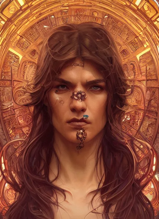 Image similar to symmetry!! antonio banderas, male, machine parts embedded into face, intricate, elegant, highly detailed, digital painting, artstation, concept art, smooth, sharp focus, illustration, art by artgerm and greg rutkowski and alphonse mucha, 8 k