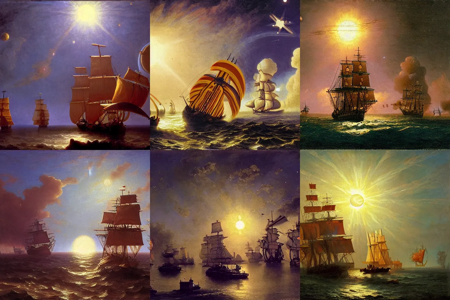 Prompt: 1700s pirate ships in space, orbiting a gas giant, illuminated by a sun, oil painting, albert bierdstadt