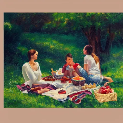 Image similar to a picnic, oil painting, pale colors, high detail, 8 k, wide angle, trending on artstation,