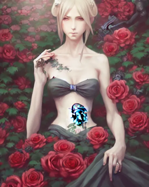 Prompt: an elegant lady surrounded by skulls in a garden full of roses, final fantasy, cushart krenz, cushart krenz, very detailed, realistic face, detailed face, matte, tonemapping, perfection, 4 k,