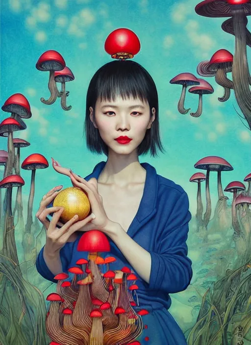 Image similar to pretty chinese girl holds hallucination mushroom : : by martine johanna and simon stalenhag and chie yoshii and casey weldon and wlop : : ornate, dynamic, particulate, rich colors, intricate, elegant, highly detailed, centered, artstation, smooth, sharp focus, octane render, 8 k
