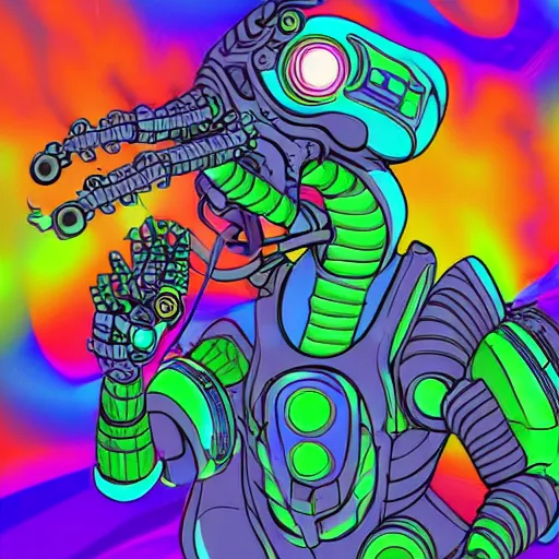 Prompt: a robot dragon listening to music with headphones, wild psychedelic digital art