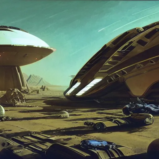 Prompt: group of nomads travelling on an alien world, cinematic lighting, science - fiction, detailed, matte painting, syd mead, john harris,