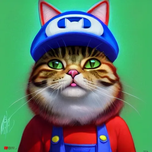 Prompt: Portrait of a Cat dressed as Super Mario, Mario hat, kawaii aesthetic, nintendo, highly detailed, digital painting, artstation, concept art, smooth, sharp focus, illustration, art by artgerm and greg rutkowski and alphonse mucha