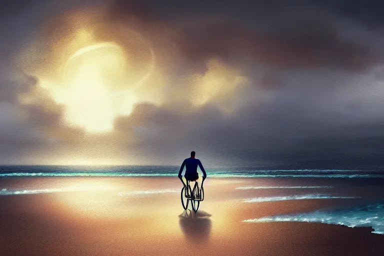 Prompt: photo of man riding a bicycle along the beach, glowing underwater toward a lighthouse in the distance, silhouette, wide horizon, large white clouds, intricate, elegant, highly detailed, digital painting, artstation, concept art, smooth, sharp focus, illustration, art by artgerm and greg rutkowski and fra angelico