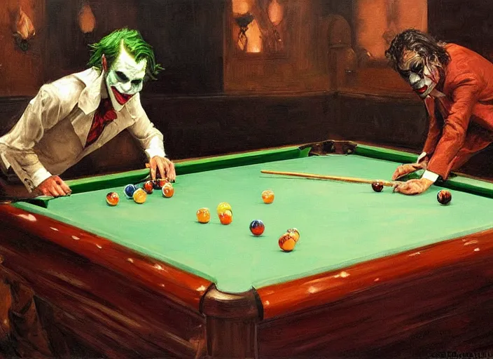 Prompt: a highly detailed beautiful portrait of the joker playing pool, by gregory manchess, james gurney, james jean