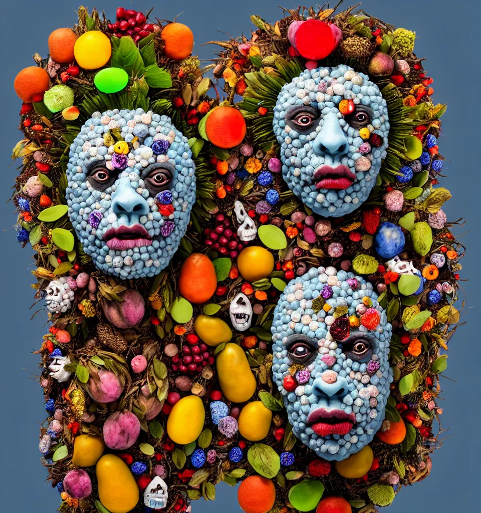 Prompt: portrait headshot of a scary nature spirit, head made of fruit gems and flowers in the style of arcimboldo, ashley bickerton, fragonard, photorealistic, dynamic lighting, action figure, clay sculpture, claymation, dull blue cloudy background,