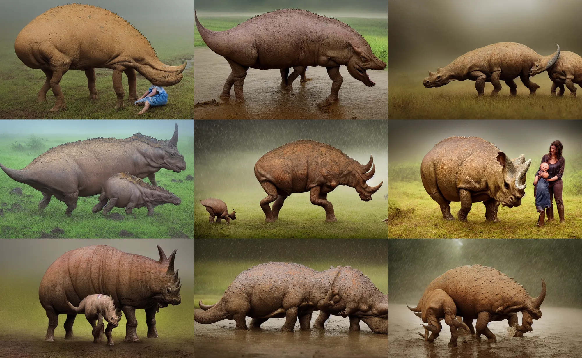 Prompt: nature photography of a rain soaked triceratops and her baby, african savannah, rainfall, muddy embankment, fog, digital photograph, award winning, 5 0 mm, telephoto lens, national geographic, muscular legs, large eyes