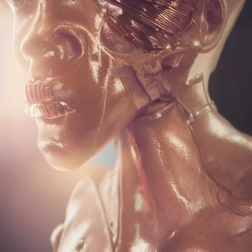 Prompt: photographic stil of beautiful model, a human robot woman, beautiful artificial body with artificial bones and artificial flesh, cables, tubes, westworld style, medium - shot, insanely detailed, photorealistic, beautiful soft light, octane render, by annie leibowtiz