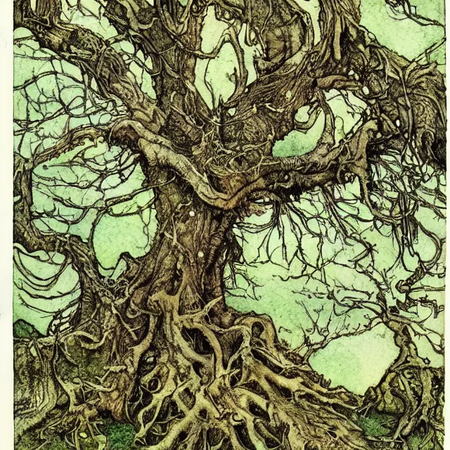 Prompt: a detailed, intricate watercolor and ink illustration with fine lines, of a mossy oak tree, by arthur rackham and edmund dulac and ted nutall