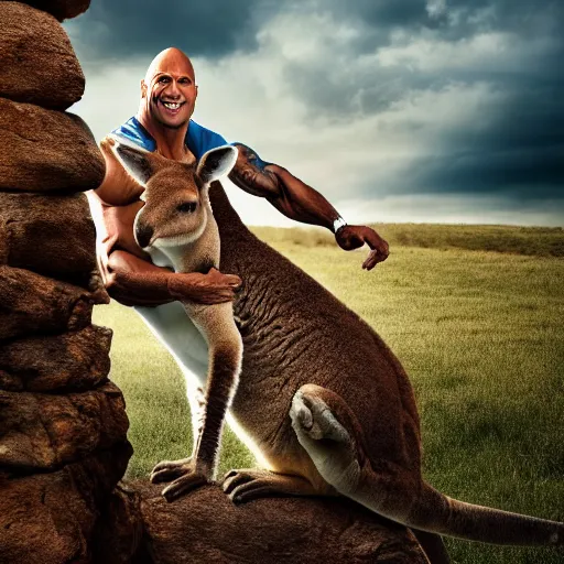 Image similar to dwayne johnson riding a kangaroo, studio photography, high detail, ultra high detail, 4 k, hdr, 8 k