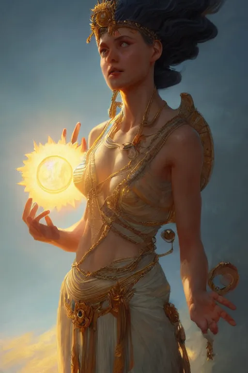 Prompt: goddess of the sun, highly detailed, digital painting, artstation, concept art, smooth, sharp focus, illustration, unreal engine 5, 8 k, art by artgerm and greg rutkowski and edgar maxence