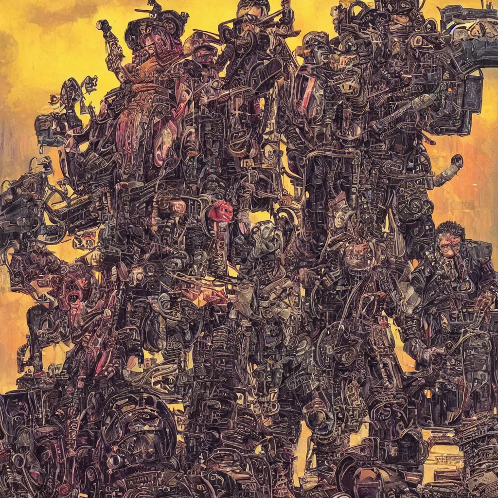 Prompt: A dramatic full-color cyberpunk nouveau illustration of the original members of Motorhead as futuristic leatherpunk rebel soldiers, hyperdetailed artwork by Walt Simonson and Bill Sienkiewicz, wild power, crazy fun, rebelliousness, confident, laughing, dark eyes, tarnished and rusted metal, Mad Max Road Warrior aesthetics, perfectly symmetrical facial features, 8k, deeply realistic hyperdetail, moody volumetric lighting, realistic facial details, 8k, UHD, HDR