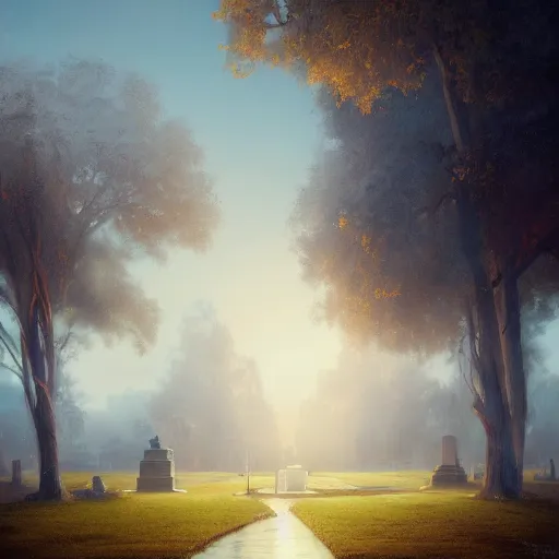 Prompt: beautiful aesthetic inspirational digital oil painting of hollywood forever cemetery, by greg rutkowski, ultra detailed, fine details, trending on artstation, volumetric light.