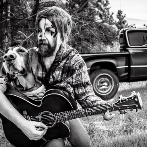 Prompt: A folkpunk brown hound dog playing the guitar in front of a pickup truck after the apocalypse