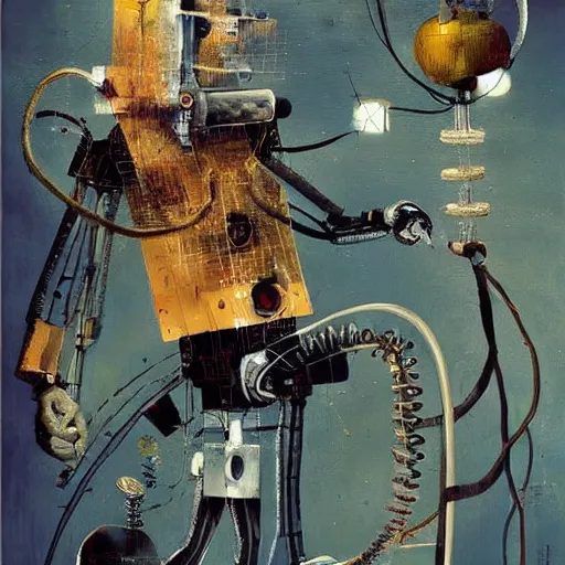 Prompt: a full wired mechanical robot imagines a fantasy world, oil on canvas by dave mckean