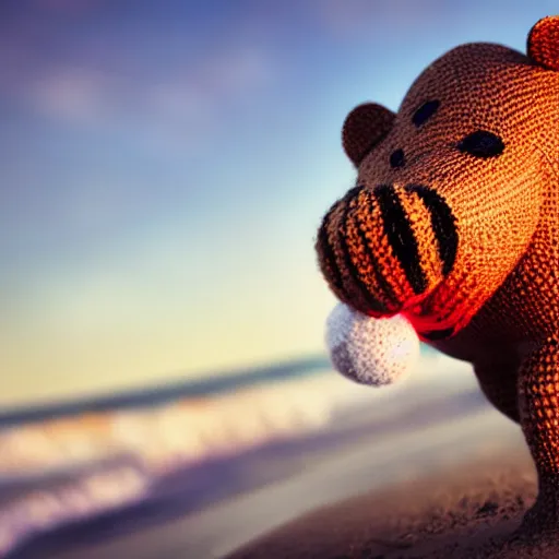 Image similar to a closeup photorealistic photograph of a cute smiling knitted tiger hippopotamus chasing a beachball at sunset. surf in the background. professional capture. this 4 k hd image is trending on artstation, featured on behance, well - rendered, extra crisp, features intricate detail, epic composition and the style of unreal engine.