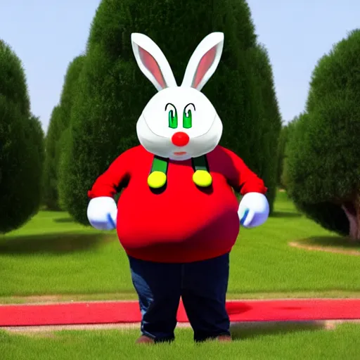 Image similar to real life big chungus dressed like mario, super mario with bunny ears, big chungus, fat bugs bunny, high resolution photo