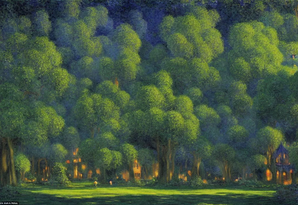 Prompt: Lothlorien at night, elven forest town with houses in the trees, as painted by Claude Monet, Maxfield Parrish, Roger Dean