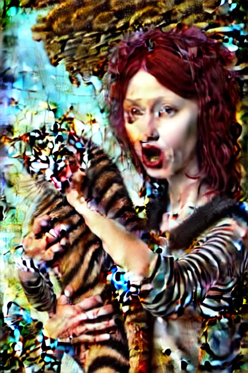Image similar to punk rock girls making selfie mouth open with kind cats in jungle , mad max jacket, post apocalyptic, renaissance, highly detailed, digital painting, oil painting by Leonardo Da Vinci, hyper realistic style, fantasy by Olga Fedorova