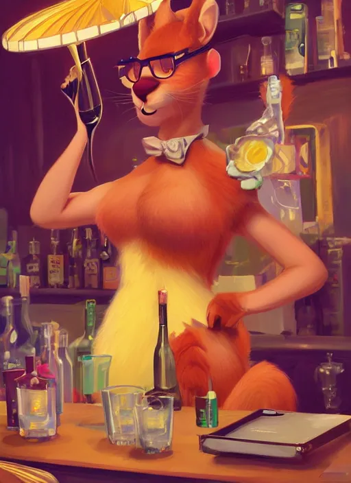 Image similar to female squirrel anthro as a dapper bartender with a big, fluffy tail, retro futurism, art deco, detailed, painterly digital art by WLOP and Cory Loftis and Delphin Enjolras, 🐿🍸🍋, furaffinity, trending on artstation