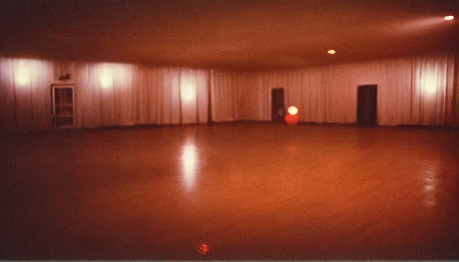 Image similar to 70s movie still of liminal space ballroom , cinestill 800t Technicolor, heavy grain, high quality, criterion collection