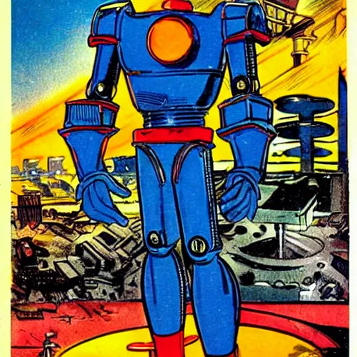 Image similar to magnus, robot fighter, comic art by bob kane, retrofuturism,