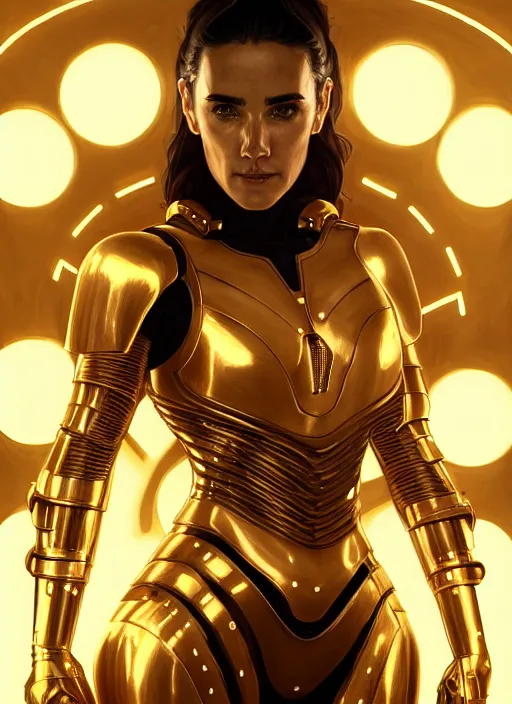 Image similar to symmetry!! portrait of jennifer connelly, gold sci - fi armour, tech wear, glowing lights!! sci - fi, intricate, elegant, highly detailed, digital painting, artstation, concept art, smooth, sharp focus, illustration, art by artgerm and greg rutkowski and alphonse mucha