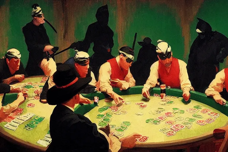 Image similar to ninjas playing poker, inside a tiny green room with red lights by joaquin sorolla, greg rutkowski, hokusai