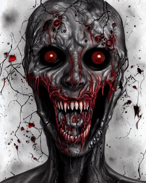 Image similar to Haunting horrifying hyperrealistic detailed painting of a tall slim flesh demon covered in thick black blood, heavy metal, disgusting, creepy, unsettling, and bloodshot eyeballs, hyper detailed, trending on Artstation