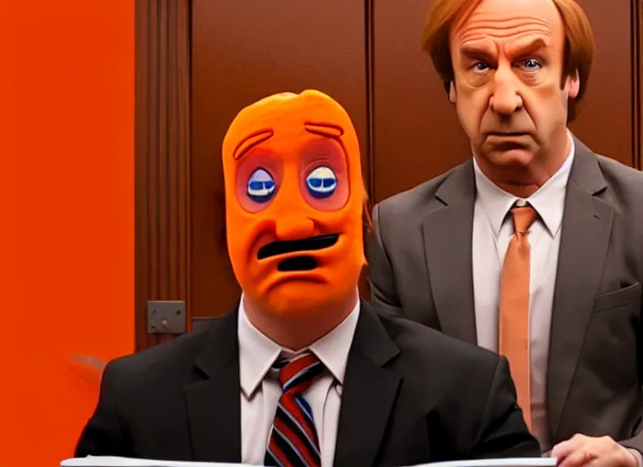 Image similar to saul goodman defending the annoying orange in court, high quality, 4k, television stil