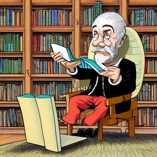 Prompt: detailed details photorealistic cartoon uhd a old man with big head and big nose read manga while sitting on his library in the style of alex ross and banksy