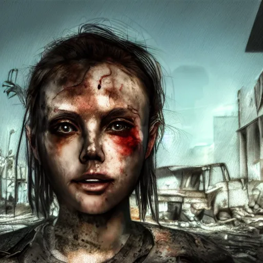 Image similar to pretty face, wide angle lens, photorealistic, 4k, background of destroyed city post apocalyptic, steakpunk, soft lighting, portrait