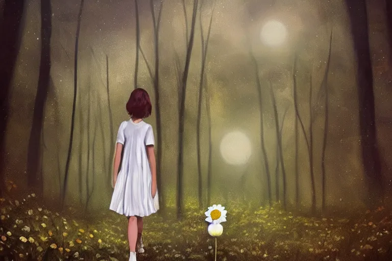 Image similar to giant white daisy flower head, girl walking in dark forest, surreal photography, dark night, stars, moon light, impressionist painting, clouds, digital painting, artstation, simon stalenhag