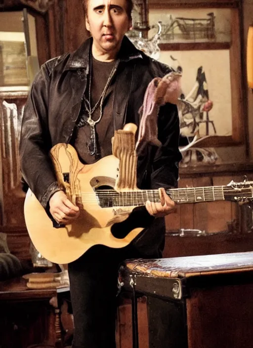 Image similar to nicolas cage, playing guitar while standing on a table