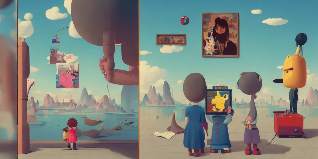 Prompt: cute cartoon photographer with a polaroid camera in front of the mona lisa by goro fujita and simon stalenhag and wes anderson and alex andreev and chiho aoshima and beeple and banksy and kandinsky and magritte and basquiat and picasso, 8 k, trending on artstation, hyper detailed, cinematic