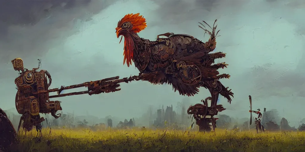 Image similar to a beautiful oil painting with brushstrokes, of an ominous steampunk chicken wearing full body armor and carrying a large scythe, by simon stalenhag, by pascal blanche, by james gurney and beeple. color scheme john berkey.