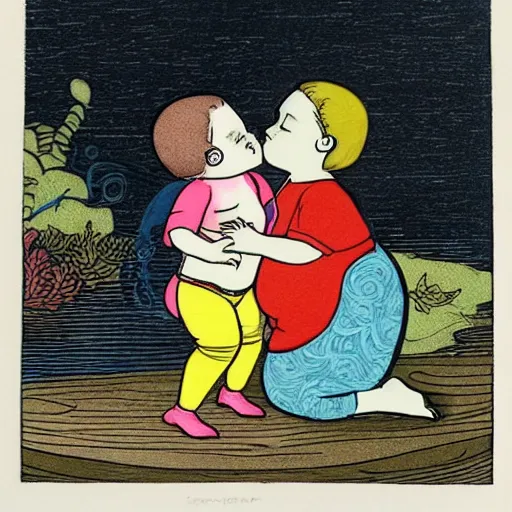 Image similar to the same style. the most beautiful little fat sweet girl is kissing a colorful cute fish. modern etching. colored print. hype realistic scene.