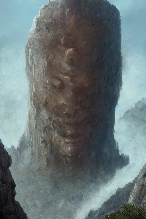 Image similar to a detailed portrait of a giant michanical face buried half way in a cliff by Greg Rutkowski, Sung Choi, Mitchell Mohrhauser, Maciej Kuciara, Johnson Ting, Maxim Verehin, Peter Konig, final fantasy, Marco lense , 8k photorealistic, cinematic lighting, HD, high details, atmospheric , trending on artstation