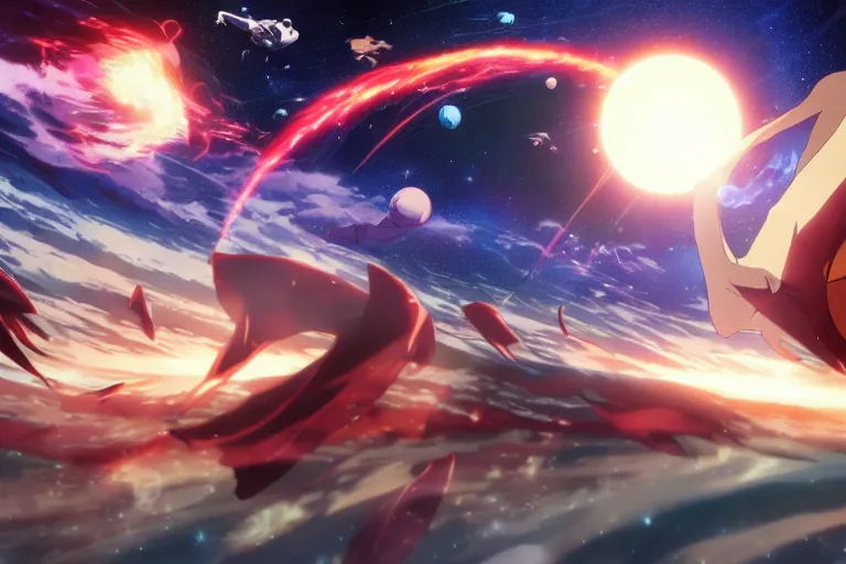 Prompt: Tonemapped Anime character splitting a gas giant in half like Moses with the Red Sea, while a pack of Space whales fly through an interdimensional rift! in the background by (Hiromu Arakawa), Makoto Shinkai and (Cain Kuga)